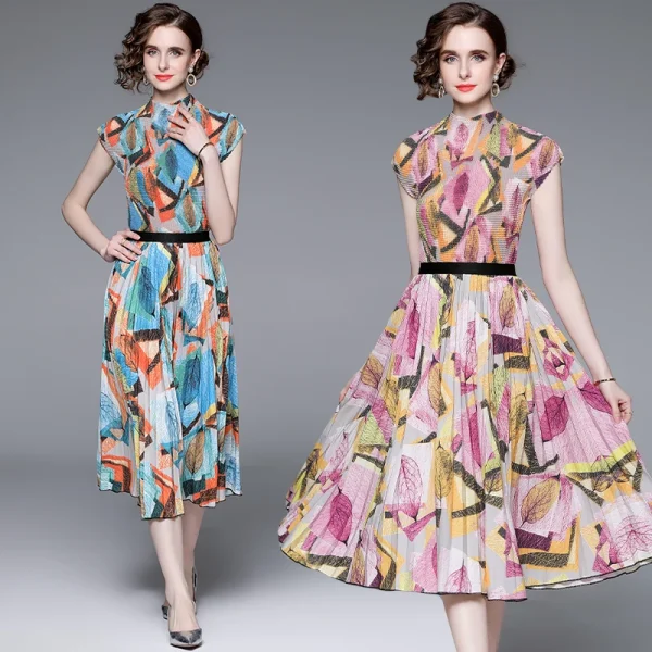 High Quality 2 Piece Sets Short-Sleeved T-Shirt Women Two Miyake Pleated Skirt Set Printed Pleated Boutique Women'S Set - Image 5