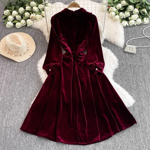 LE2660 2025 Winter Socialite Midi Evening Dresses for Woman Autumn High-End Dinner Dress Pearl Button Velvet Long Dress Female - Image 2