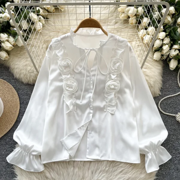 LW0651 2025 Spring New Advanced Sense Three-Dimensional Flower Lace-Up Long Sleeve Satin Blouse Shirts for Women - Image 3