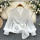 LW0832 Design Sense V-Neck Nail Bead Pleated Long Sleeve Satin Top Women'S Chic Tops For Women Casual Blouses 2025