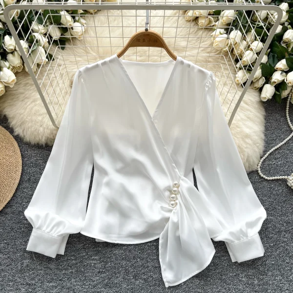 LW0832 Design Sense V-Neck Nail Bead Pleated Long Sleeve Satin Top Women'S Chic Tops For Women Casual Blouses 2025 - Image 4