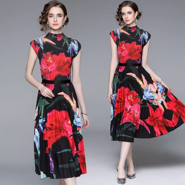 LE1278 Latest Miyake Pleated Casual Style Sets Floral Print Pleated T-Shirt and Printed Pleated Skirt Boutique Two Piece Sets