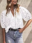 2025 Cross-border Women's Summer Blouse Fashion Casual Lantern Sleeves V-neck Button Openwork Lace Embroidery Shirt