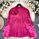 LW0828 Satin Feel Stand Collar Shirt Women Three-Dimensional Flower Feather Design Loose Temperament Blouses Elegant Women