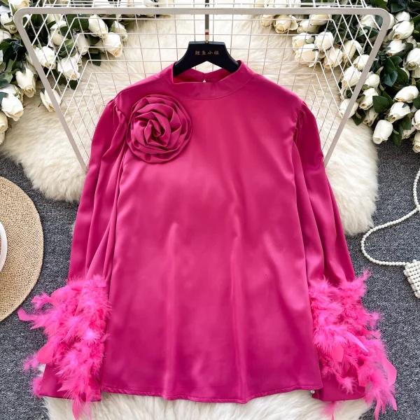 LW0828 Satin Feel Stand Collar Shirt Women Three-Dimensional Flower Feather Design Loose Temperament Blouses Elegant Women - Image 2