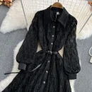 LE4776 Spring and Autumn Long Sleeve Maxi Dress Lapel Single Breasted Lace Dress Elegant Temperament Long Skirt