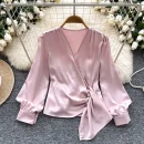 LW0832 Design Sense V-Neck Nail Bead Pleated Long Sleeve Satin Top Women'S Chic Tops For Women Casual Blouses 2025