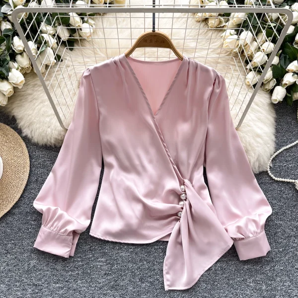LW0832 Design Sense V-Neck Nail Bead Pleated Long Sleeve Satin Top Women'S Chic Tops For Women Casual Blouses 2025