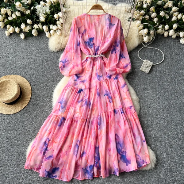 LE2627 Ethnic Beaded V-Neck Printed Dress Temperament Lantern Long Sleeve Long Floral Dresses Women Elegant Holiday Dinner Dress - Image 2