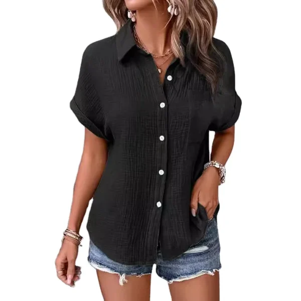 2025 Summer New Shirt Women's Casual Solid Color Wrinkled Fabric Bat Sleeve Button Batwing Sleeve Shirt - Image 6