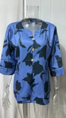 New Printed Cotton Linen V-neck Short Sleeve Pullover Shirt