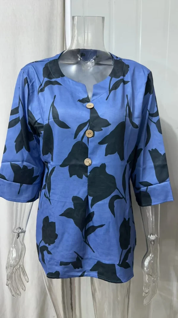 New Printed Cotton Linen V-neck Short Sleeve Pullover Shirt - Image 6