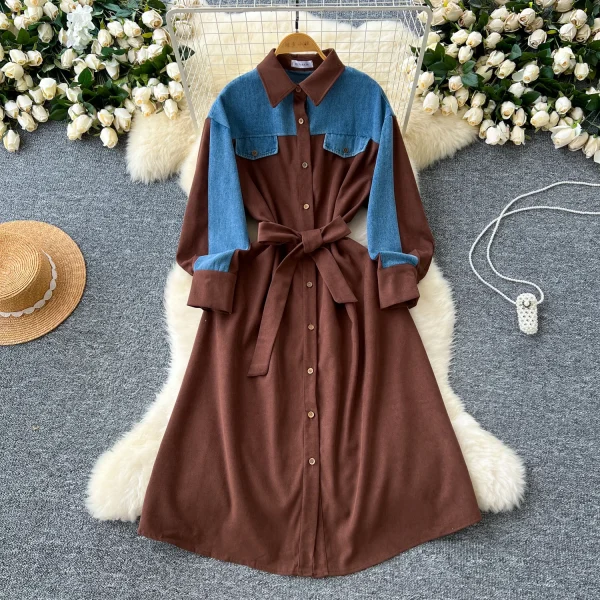 LE2668 Denim Patchwork Women'S Dress Niche Vintage Color Combination Long-Sleeved Single-Breasted Strap Shirt Office Woman Dress