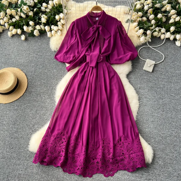 LE2627 French Vintage Maxi Evening Dresses Woman Elegant Lace-Up Ruffled Short Sleeve A-Line Long Dress Lady 2025 New - Image 4