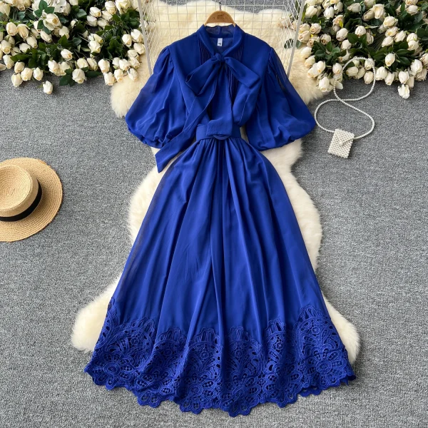 LE2627 French Vintage Maxi Evening Dresses Woman Elegant Lace-Up Ruffled Short Sleeve A-Line Long Dress Lady 2025 New - Image 5
