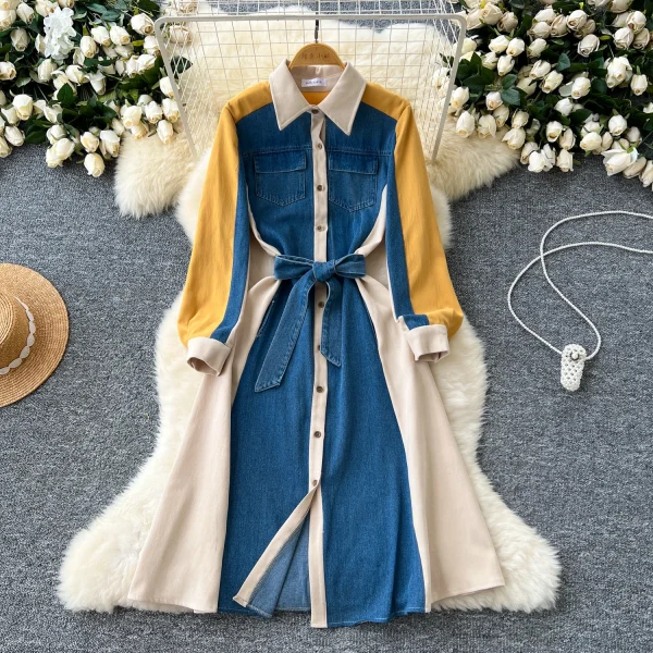 LE2667 Denim Patchwork Women'S Dress Niche Vintage Color Combination Long-Sleeved Single-Breasted Strap Shirt Office Woman Dress - Image 4