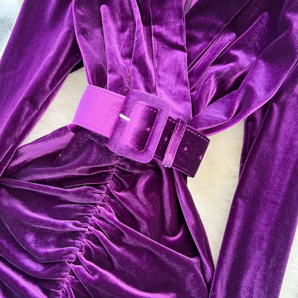 LE2661 Autumn Socialite Midi Evening Dresses Woman Femininity Dinner Dress Velvet Pleated Slit Cover Hip Canary Dresses Female - Image 5