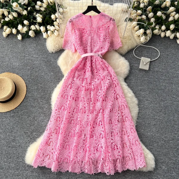 LE2619 2025 Autumn Vintage Hollow Hook Flower Lace Dresses Women Elegant Women'S Boutique Women'S Boutique Socialite Long Dress - Image 2
