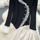 LE2085 Wear a Set of Women Sweet Wooden Ear Edge Color Shirt With High-Waisted Chiffon Skirt French Two-Piece Set