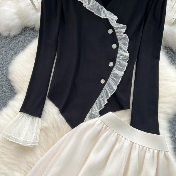 LE2085 Wear a Set of Women Sweet Wooden Ear Edge Color Shirt With High-Waisted Chiffon Skirt French Two-Piece Set - Image 2