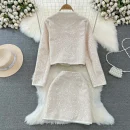 Heavy Handmade Sequins Womens Elegant Slim Tweed Two Piece Sets Vintage Coats+Wrap-Around Skirt Korean Woolen Chaquetas Chic Set
