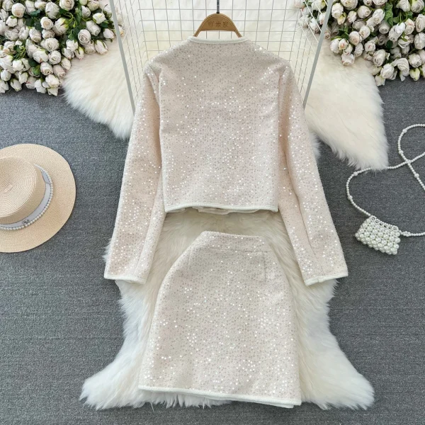 Heavy Handmade Sequins Womens Elegant Slim Tweed Two Piece Sets Vintage Coats+Wrap-Around Skirt Korean Woolen Chaquetas Chic Set - Image 3