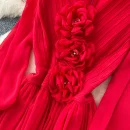 LE4782 Elegant Dress Dress for Ladies Dress Fall Niche Advanced Sense Three-Dimensional Flower V-Neck Waist Show Slim Skirt