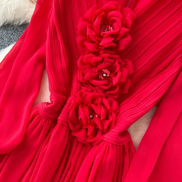 LE4782 Elegant Dress Dress for Ladies Dress Fall Niche Advanced Sense Three-Dimensional Flower V-Neck Waist Show Slim Skirt - Image 3