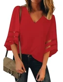 Loose V-neck Mesh Splicing Solid Color Chiffon Shirt Sweet Fresh Casual Shirt