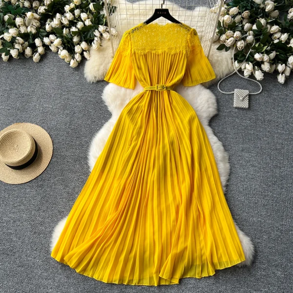 LE2581 2025 Women'S Elegant Pleated Dresses Female Lace Patchwork Belted Socialite Party Maxi Dress Robes Women Boutique Autumn - Image 6
