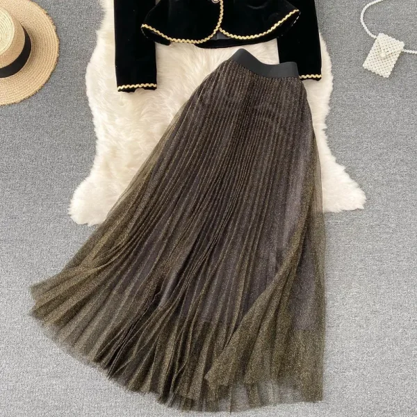 LE1304 Retro Elegant Boutique Women'S Set Costume Waist Velvet Shirt High Waist Pleated Half Skirt Western Style 2 Piece Set - Image 4