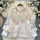 LW0652 Heavy Nail Bead Three-Dimensional Flower Mesh Shirt Women Loose Long Sleeve Blouses Elegant Women