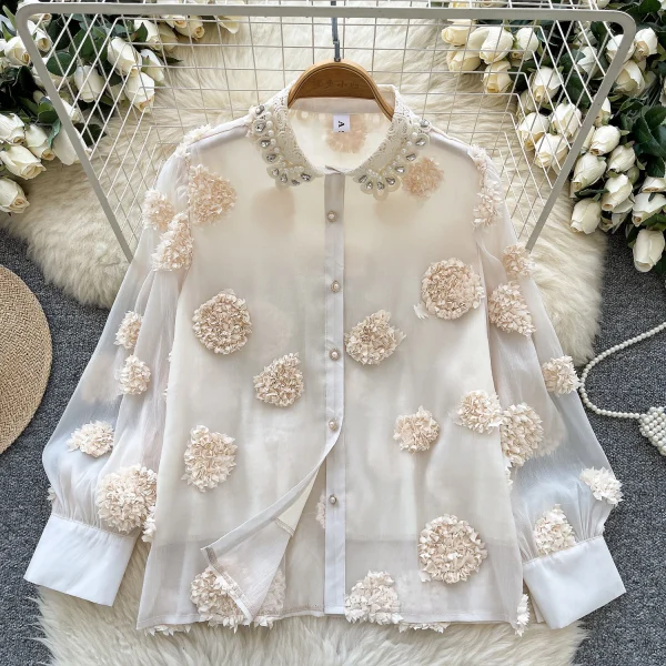 LW0652 Heavy Nail Bead Three-Dimensional Flower Mesh Shirt Women Loose Long Sleeve Blouses Elegant Women - Image 4
