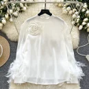 LW0828 Satin Feel Stand Collar Shirt Women Three-Dimensional Flower Feather Design Loose Temperament Blouses Elegant Women