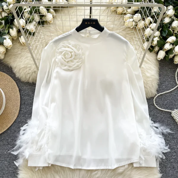LW0828 Satin Feel Stand Collar Shirt Women Three-Dimensional Flower Feather Design Loose Temperament Blouses Elegant Women