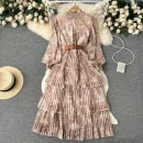 LE2582 2025 Pastoral Style Elasticity Stand Collar Floral Dress Long Sleeve Ruffled Print Cake Dress Women Boutique Midi Dresses