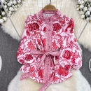 Accept Women'S Suit Retro Lantern Long-Sleeved Stand-Up Collar Single-Breasted Printed Shirt 2-Piece Set High-Waisted Sh