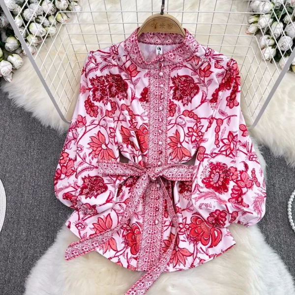 Accept Women'S Suit Retro Lantern Long-Sleeved Stand-Up Collar Single-Breasted Printed Shirt 2-Piece Set High-Waisted Sh - Image 3
