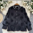 LW0652 Heavy Nail Bead Three-Dimensional Flower Mesh Shirt Women Loose Long Sleeve Blouses Elegant Women