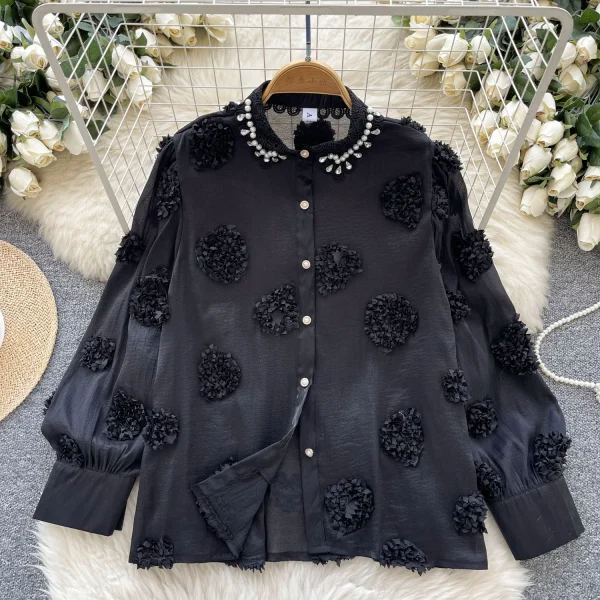 LW0652 Heavy Nail Bead Three-Dimensional Flower Mesh Shirt Women Loose Long Sleeve Blouses Elegant Women - Image 2