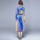 Elegant Women Print Pleat Outfit Long Sleeves Top Midi Skirt Casual Two Piece Set