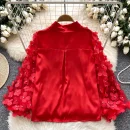 LW0653 Heavy Nail Bead Three-Dimensional Flower Long Sleeve Shirt Women Light Luxury Lantern Sleeve Blouses Elegant Women