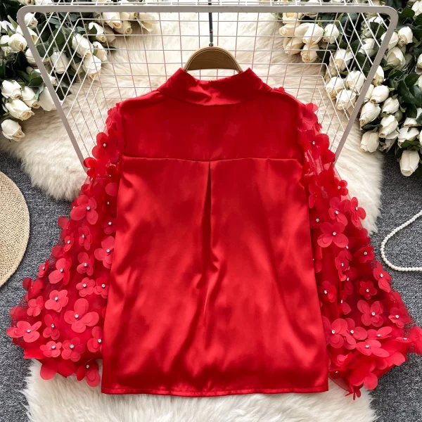 LW0653 Heavy Nail Bead Three-Dimensional Flower Long Sleeve Shirt Women Light Luxury Lantern Sleeve Blouses Elegant Women - Image 6
