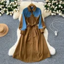 LE2668 Denim Patchwork Women'S Dress Niche Vintage Color Combination Long-Sleeved Single-Breasted Strap Shirt Office Woman Dress