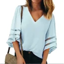 Loose V-neck Mesh Splicing Solid Color Chiffon Shirt Sweet Fresh Casual Shirt