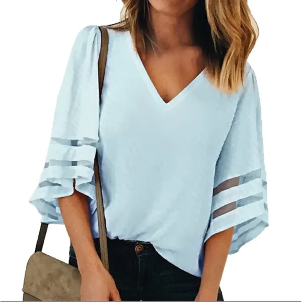 Loose V-neck Mesh Splicing Solid Color Chiffon Shirt Sweet Fresh Casual Shirt - Image 6