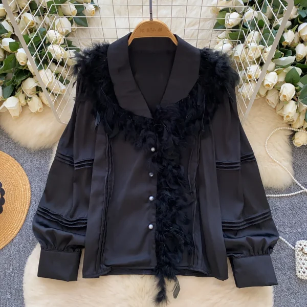 LW0705 Light Luxury Senior Sense Lapel Shirt Women Feather Splicing Temperament Blouses Elegant Women - Image 6