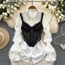 LW0751 Blouses Elegant Women Puffed Sleeve Shirt Pure Desire Satin Patchwork Halter Fishbone Vest Two-Piece Set