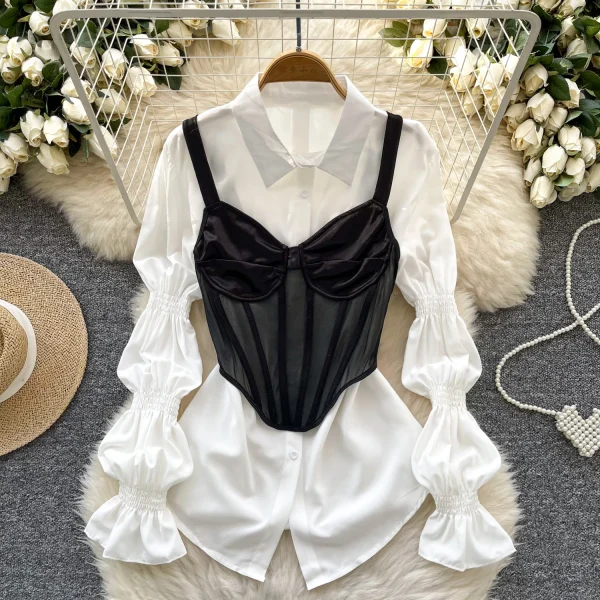LW0751 Blouses Elegant Women Puffed Sleeve Shirt Pure Desire Satin Patchwork Halter Fishbone Vest Two-Piece Set - Image 2