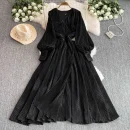 LE4775 Light Mature Wind Retro Temperament Lantern Long Sleeve V-Neck Waist Slimming a Line Pleated Dress Elegant Long Skirt